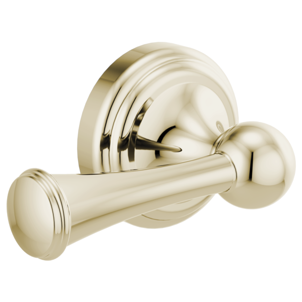 Polished nickel toilet flush lever with cylindrical handle and decorative circular wall plate.