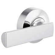 Chrome and white toilet flush lever with rounded escutcheon plate and horizontal handle.