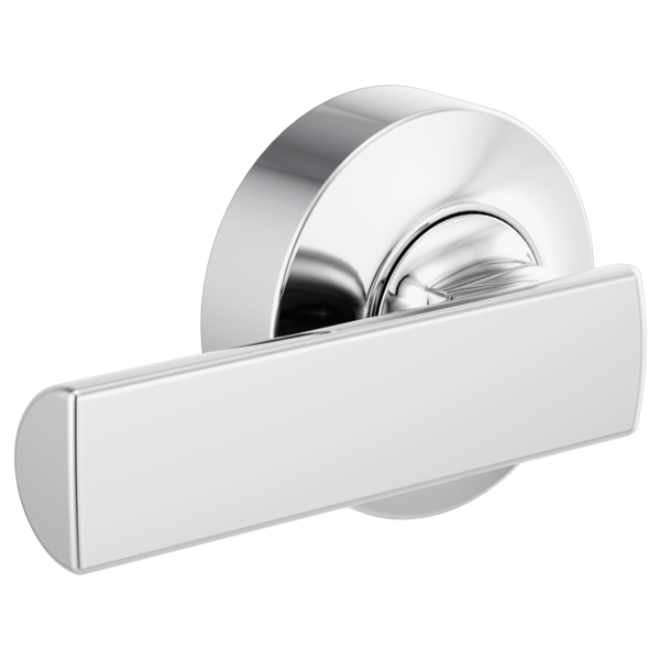 Chrome and white toilet flush lever with rounded escutcheon plate and horizontal handle.