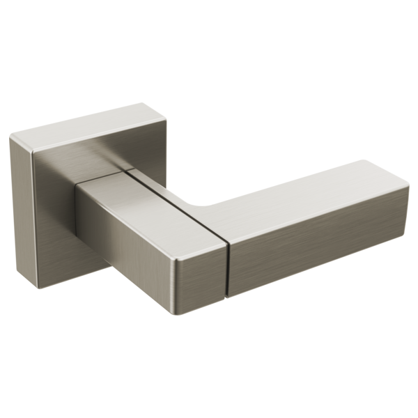 Brushed nickel rectangular lever handle with square mounting plate on white background.