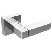 Chrome and white metal flush lever handle with square mounting plate and rectangular lever arm.