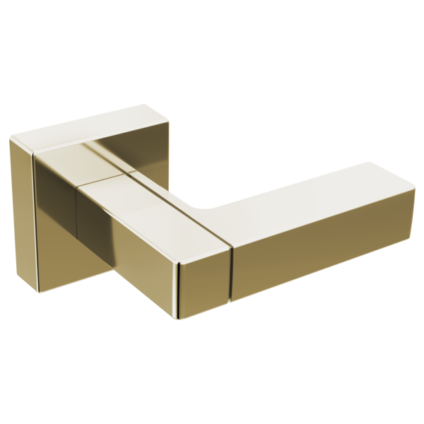 Gold and white rectangular flush lever with square mounting plate on white background.