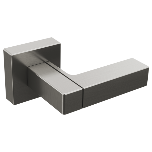Brushed nickel and matte black rectangular flush lever handle with square mounting rosettes.