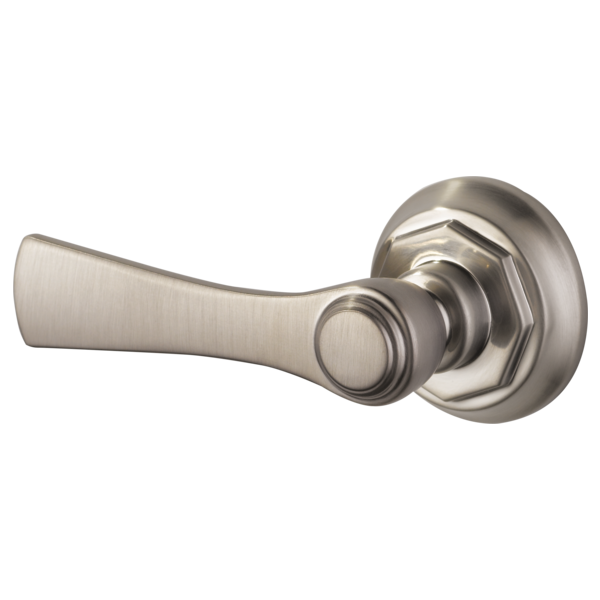 Brushed nickel toilet flush lever with tapered handle and circular mounting plate.