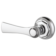 Chrome and white toilet flush lever with curved handle and circular mounting base.