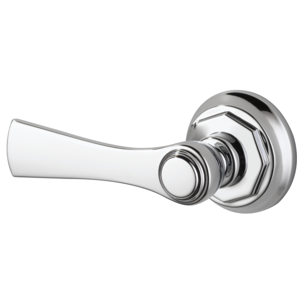 Chrome and white toilet flush lever with curved handle and circular mounting base.