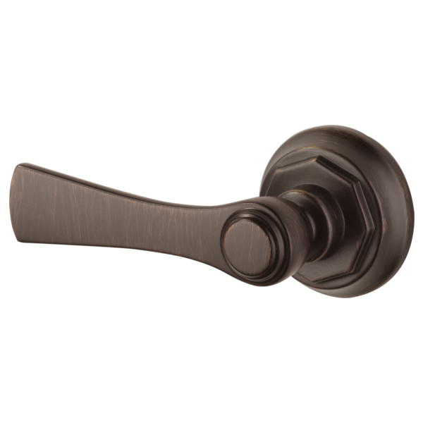 Bronze flush lever with curved handle and circular mounting plate on white background.