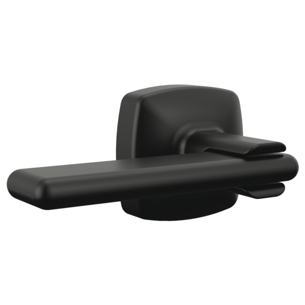 Black toilet flush lever with rounded rectangular handle and mounting plate on white background.