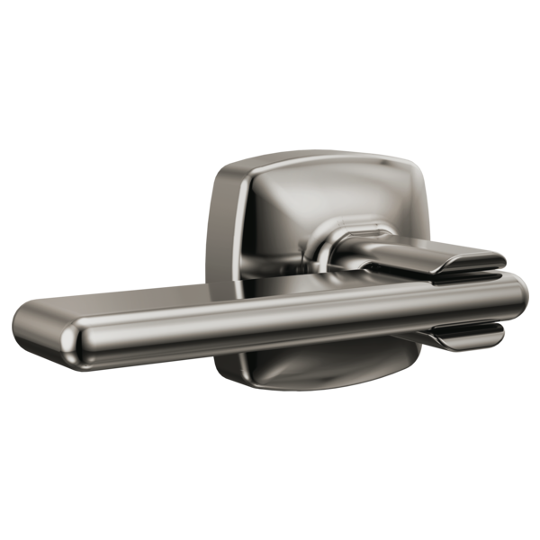 Brushed nickel toilet flush lever with rounded rectangular handle and mounting plate.