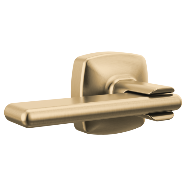 Champagne bronze toilet flush lever with rounded rectangular backplate and extended horizontal handle.