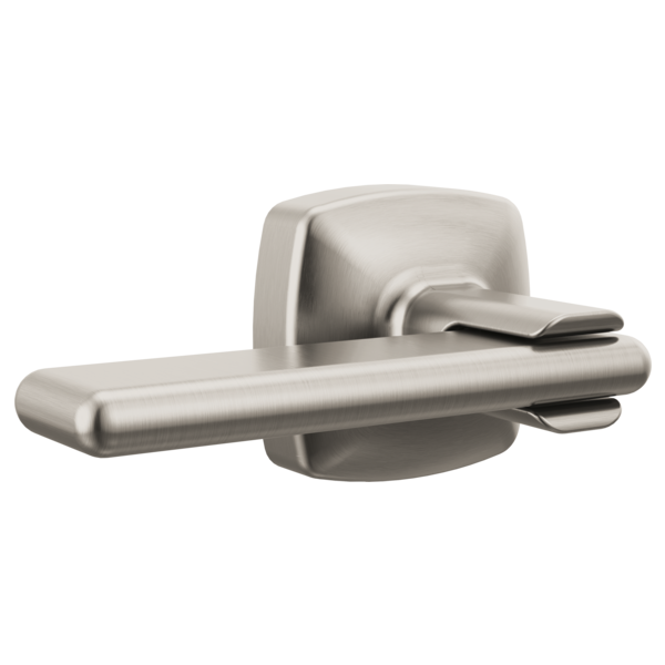 Brushed nickel toilet flush lever with elongated horizontal handle and mounting plate.