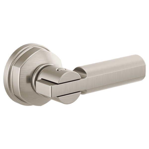 Brushed nickel toilet flush lever with cylindrical handle and round wall plate.