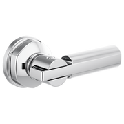 Chrome toilet flush lever with cylindrical handle and circular wall-mounted rosette plate.
