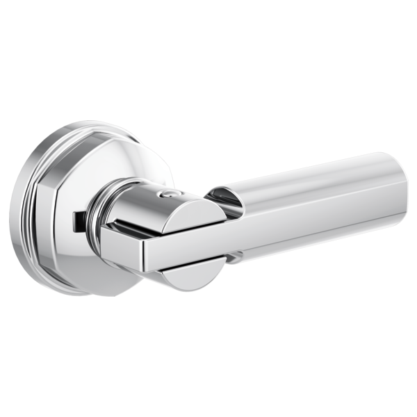 Chrome toilet flush lever with cylindrical handle and circular wall-mounted rosette plate.
