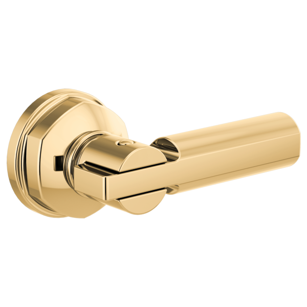 Polished brass toilet flush lever with cylindrical handle and circular wall plate mounting.