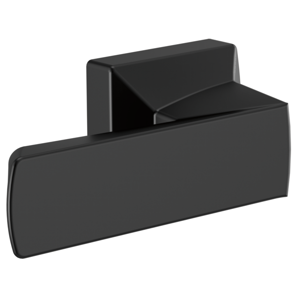 Black metal toilet flush lever with curved rectangular handle and square mounting plate.