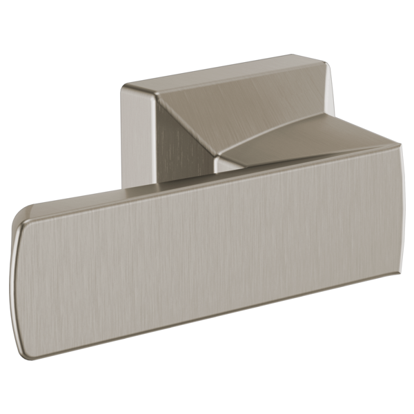 Brushed nickel lever-style toilet flush handle with curved rectangular design and angled mounting bracket.