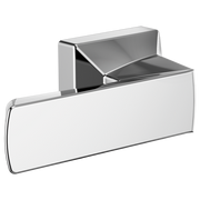 Chrome toilet flush lever with curved rectangular handle and angular mounting bracket.