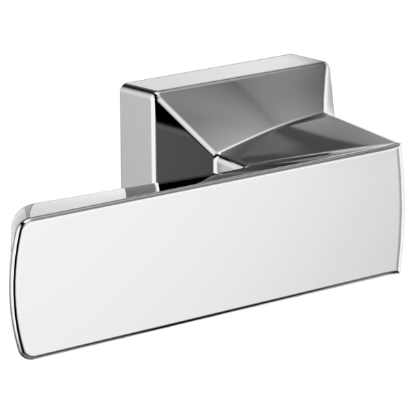Chrome toilet flush lever with curved rectangular handle and angular mounting bracket.
