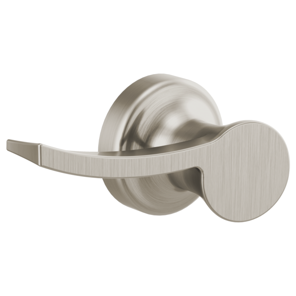 Brushed nickel toilet flush lever with curved handle and circular mounting plate on white background.