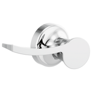 Chrome toilet flush lever with curved handle and circular mounting plate on white background.