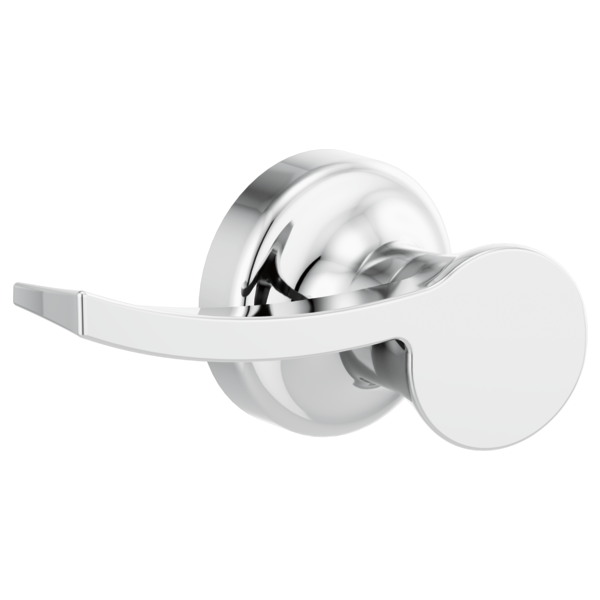 Chrome toilet flush lever with curved handle and circular mounting plate on white background.