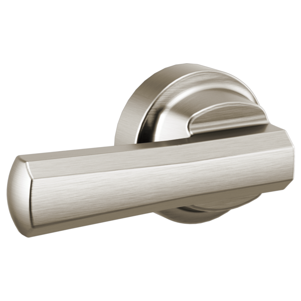 Brushed nickel toilet flush lever with cylindrical handle and circular mounting plate.