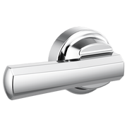 Polished chrome toilet flush lever with cylindrical handle and circular mounting plate.