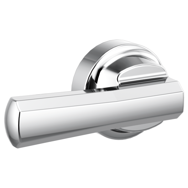 Polished chrome toilet flush lever with cylindrical handle and circular mounting plate.