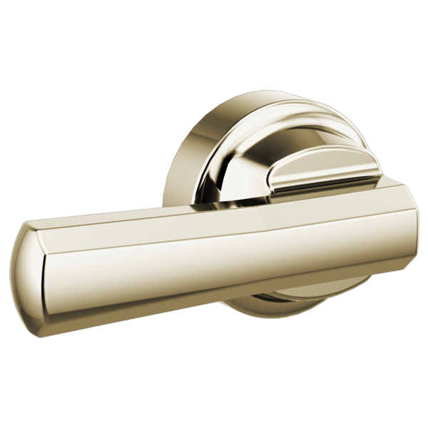 Polished nickel toilet flush lever with cylindrical handle and circular mounting plate.