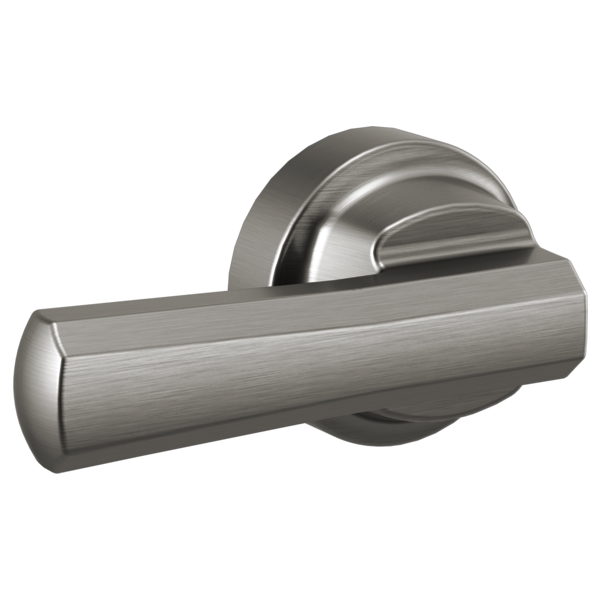 Brushed stainless steel lever-style toilet flush handle with cylindrical grip and circular mounting plate.