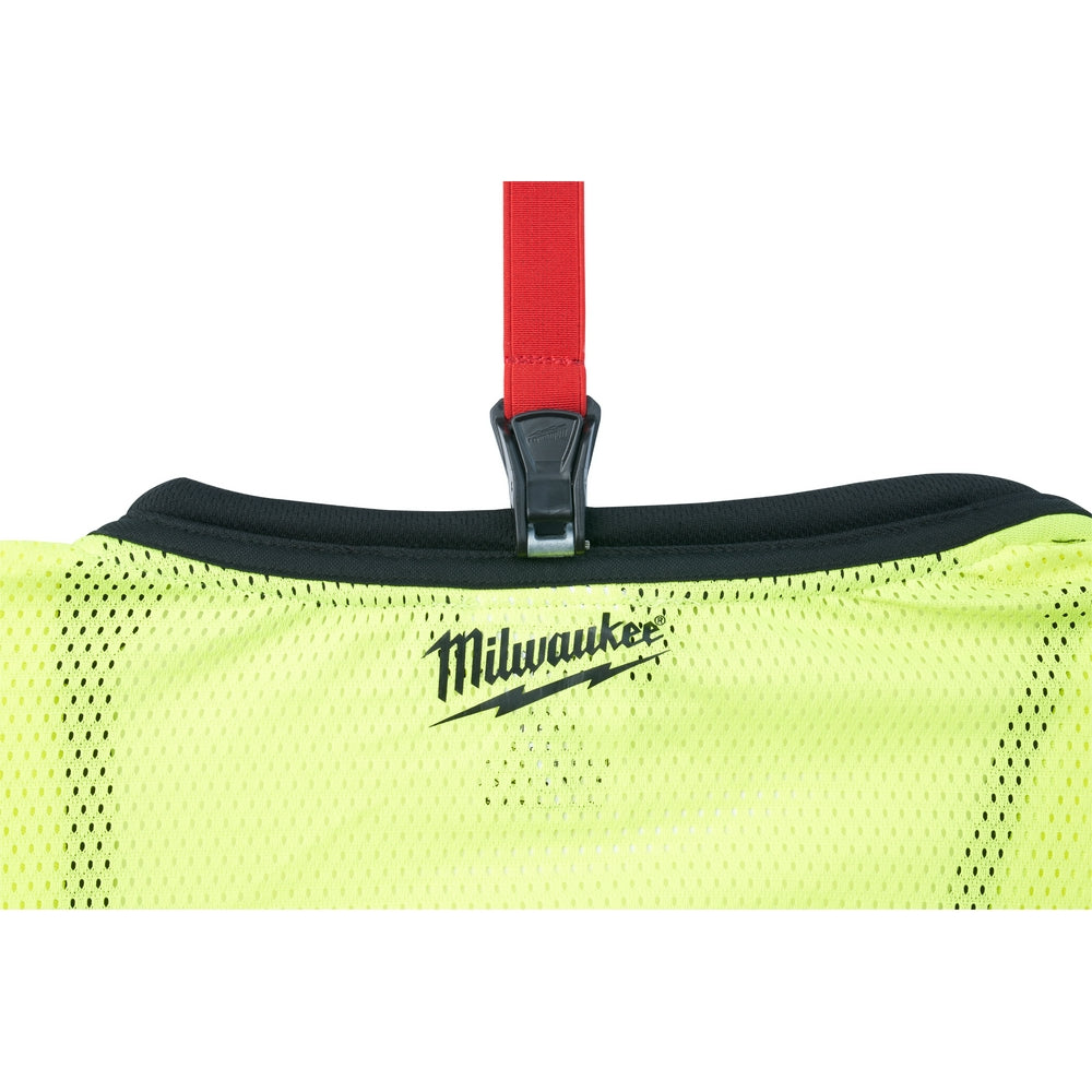 Red fabric lanyard with black clip attachment and neon yellow mesh safety vest with Milwaukee branding.