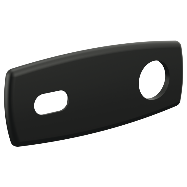 Black wall plate with one oval and one circular opening for lavatory faucet installation.