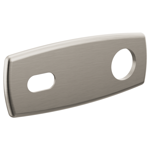 Brushed nickel curved wall plate with two oval openings for lavatory faucet installation.