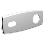 Chrome-finished wall plate escutcheon with curved design and two cutouts for lavatory faucet installation.