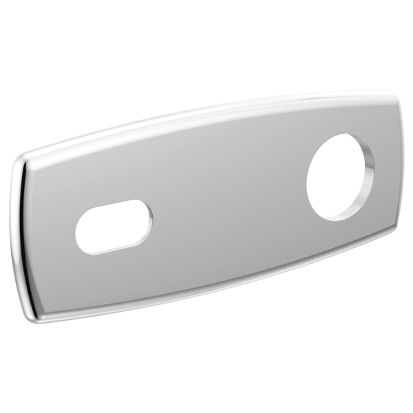 Chrome-finished wall plate escutcheon with curved design and two cutouts for lavatory faucet installation.