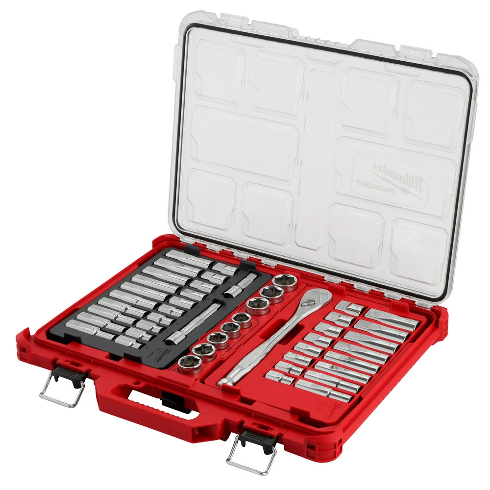 94-piece 1/2" drive socket set with ratchet and extensions organized in red Packout case.