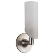 Brushed nickel wall sconce with cylindrical frosted white glass shade extending upward from round mounting plate.