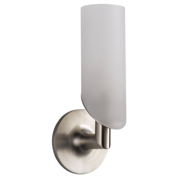 Brushed nickel wall sconce with cylindrical frosted white glass shade extending upward from round mounting plate.
