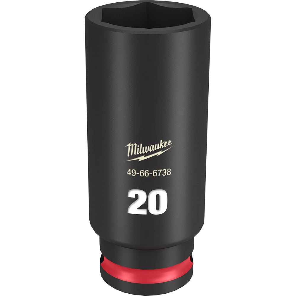 Black Milwaukee deep socket with 20MM size marking, red grip band at base, and hexagonal opening.