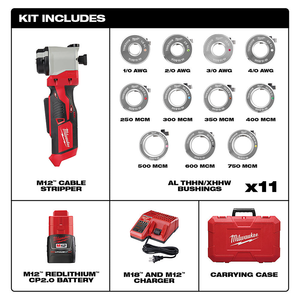 M12 cable stripper tool with red and black body, 11 aluminum bushings in various sizes, M12 battery, dual charger, and red ca
