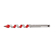 Ship auger bit with red flutes, gray metal shaft, and hex drive end.