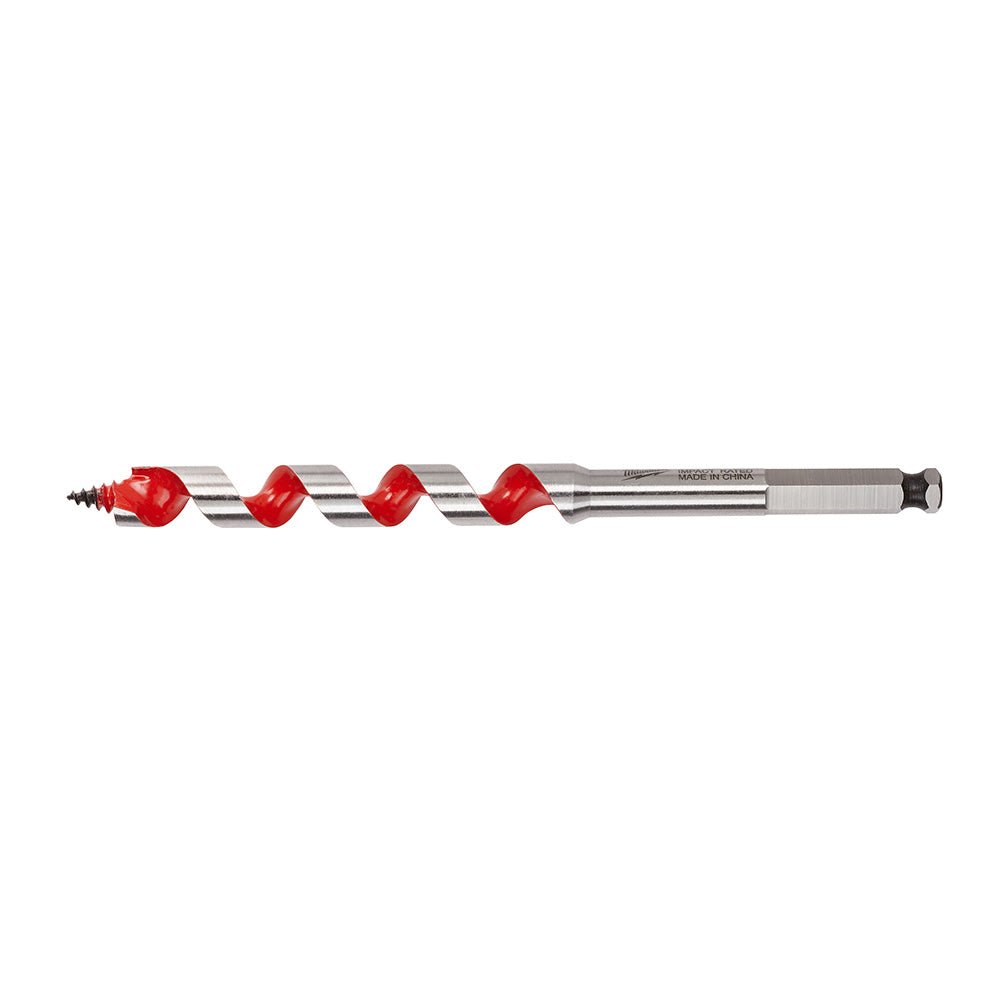 Ship auger bit with red flutes, gray metal shaft, and hex drive end.