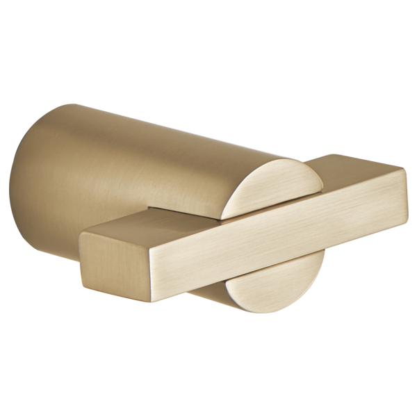 Brizo Litze drawer pull with brushed brass cylindrical knob and light wood rectangular handle.