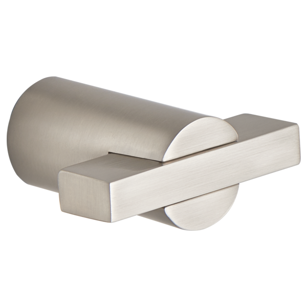 Brushed nickel drawer pull with cylindrical and rectangular components in satin finish.