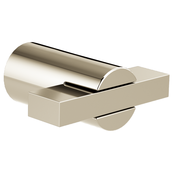 Brushed nickel drawer pull with cylindrical handle and rectangular mounting plate.