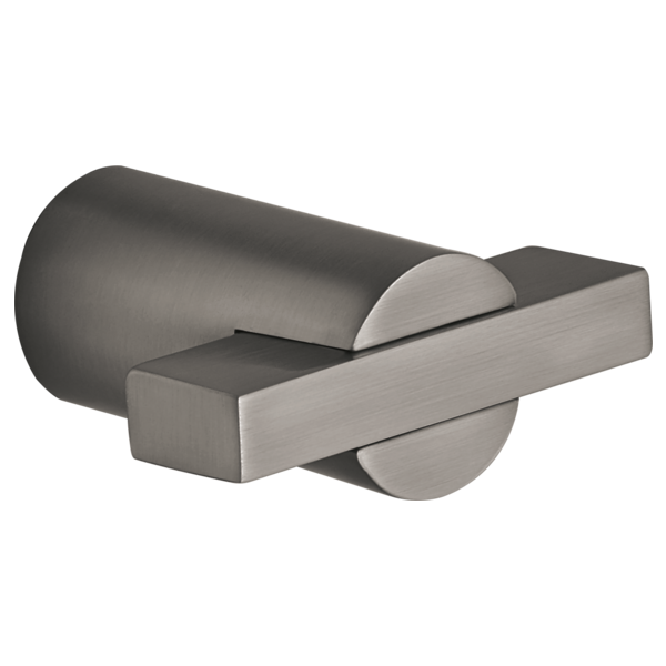 Brushed stainless steel drawer pull with cylindrical knob and rectangular handle in dark gray finish.
