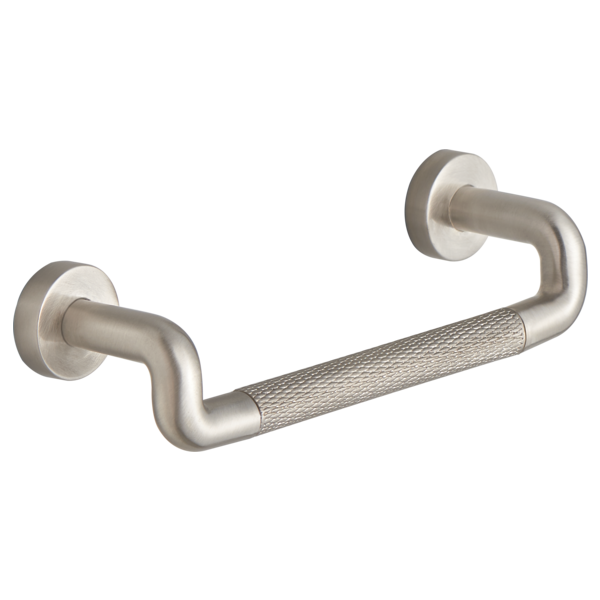 Brushed nickel drawer pull with curved handles, textured grip section, and circular mounting plates.