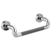 Chrome drawer pull with knurled center grip and circular mounting plates on each end.