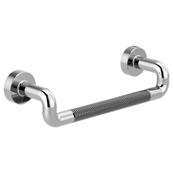 Chrome drawer pull with knurled center grip and circular mounting plates on each end.